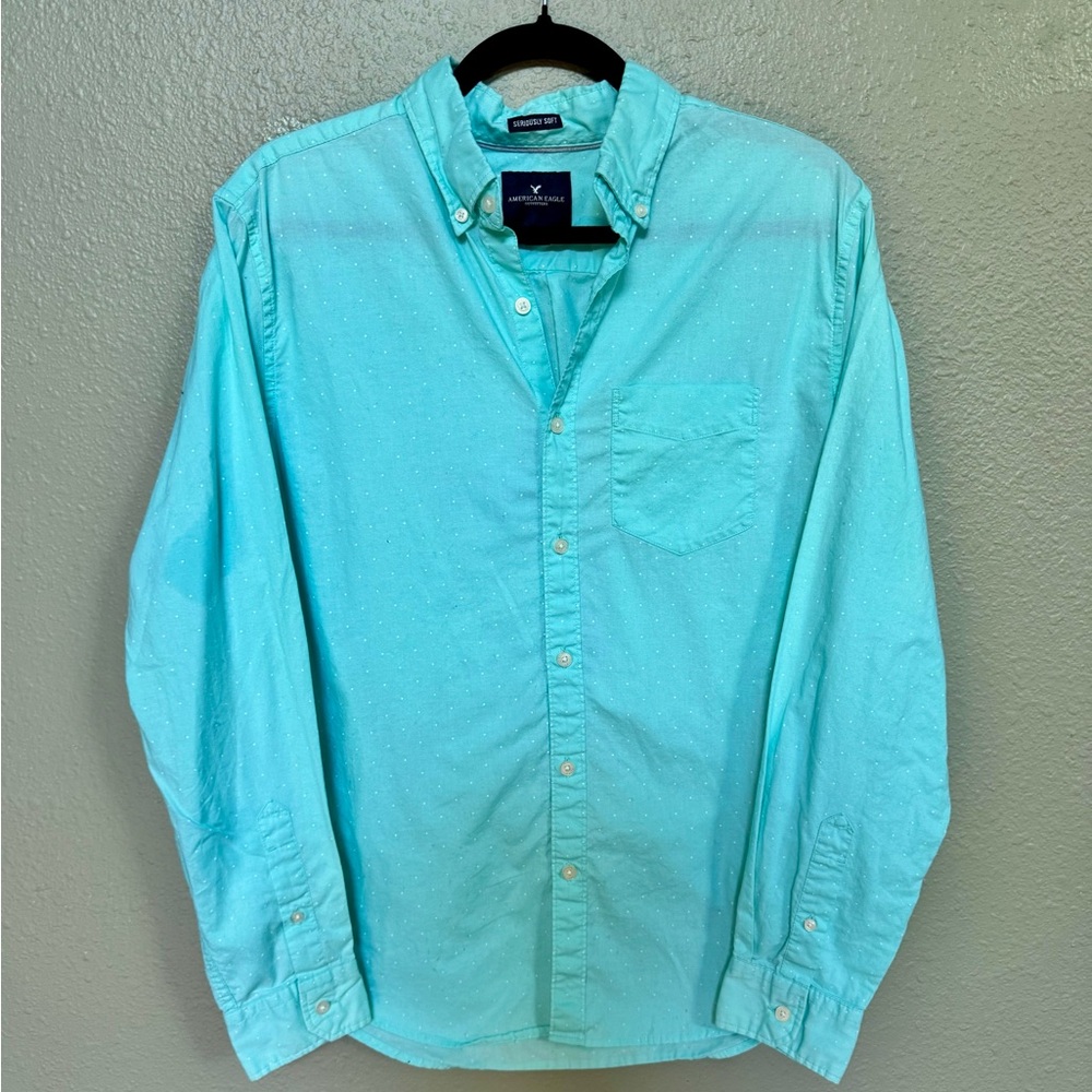 American Eagle Outfitters Teal Casual Shirt Button Down Polka Dot Long Sleeve